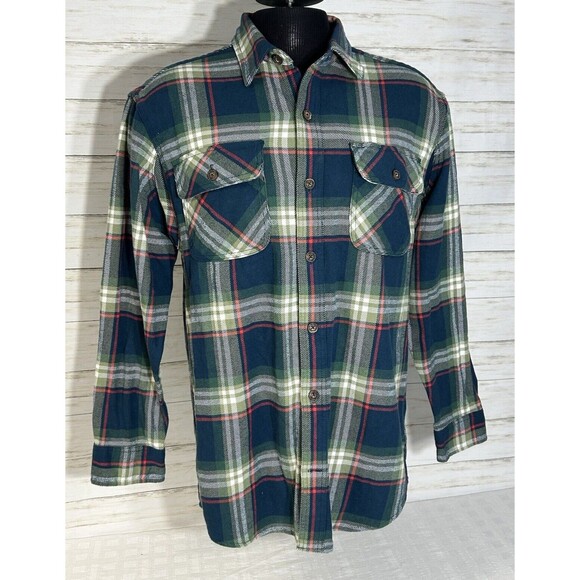 NWT! Duluth Trading Shirt Mens MEDIUM Blue Green Plaid Flannel Burlyweight Heavy - Picture 1 of 15